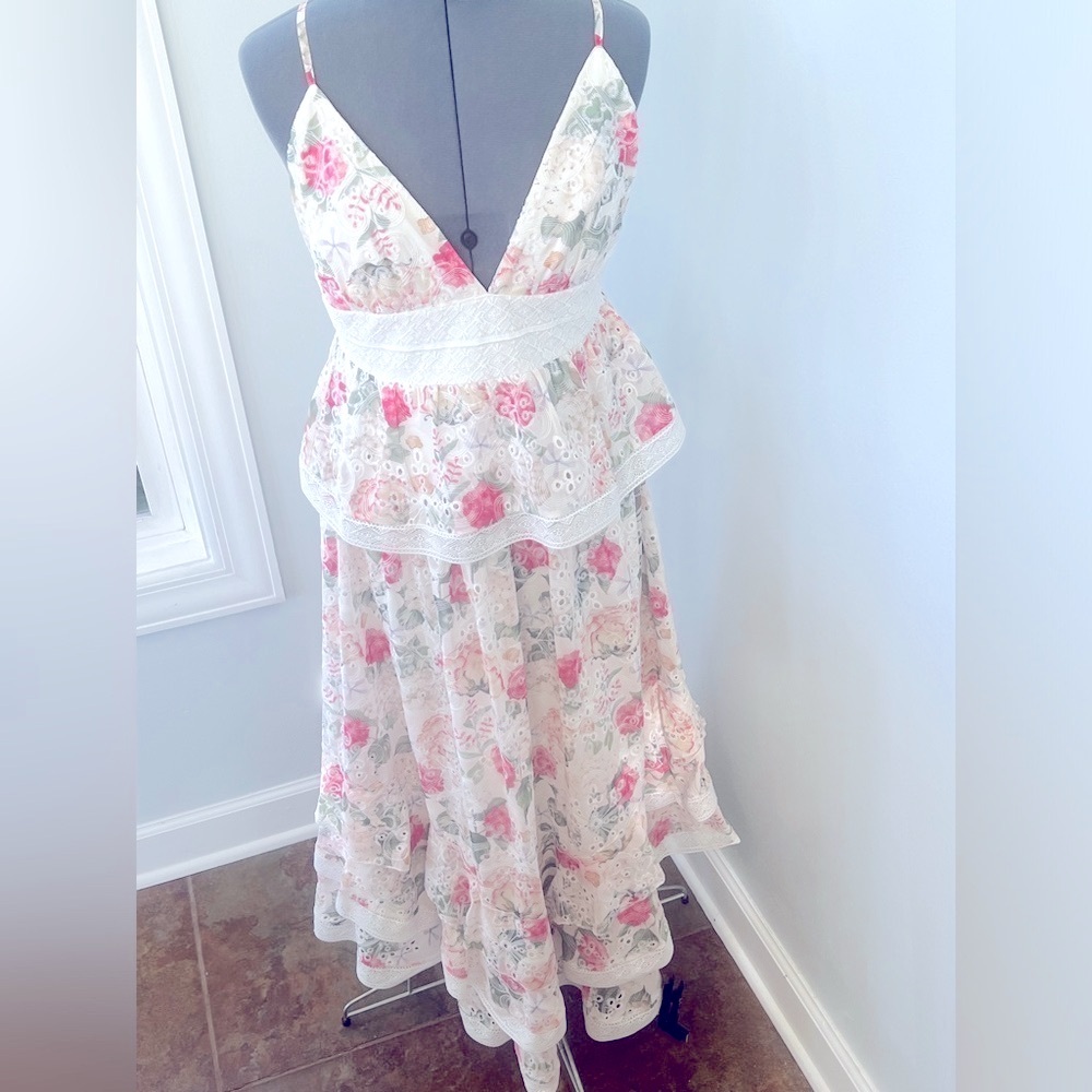 Gianni Bini Sz 10 Layered Chiffon Pink Floral  Lace Trim Peplum Midi Dress NWT